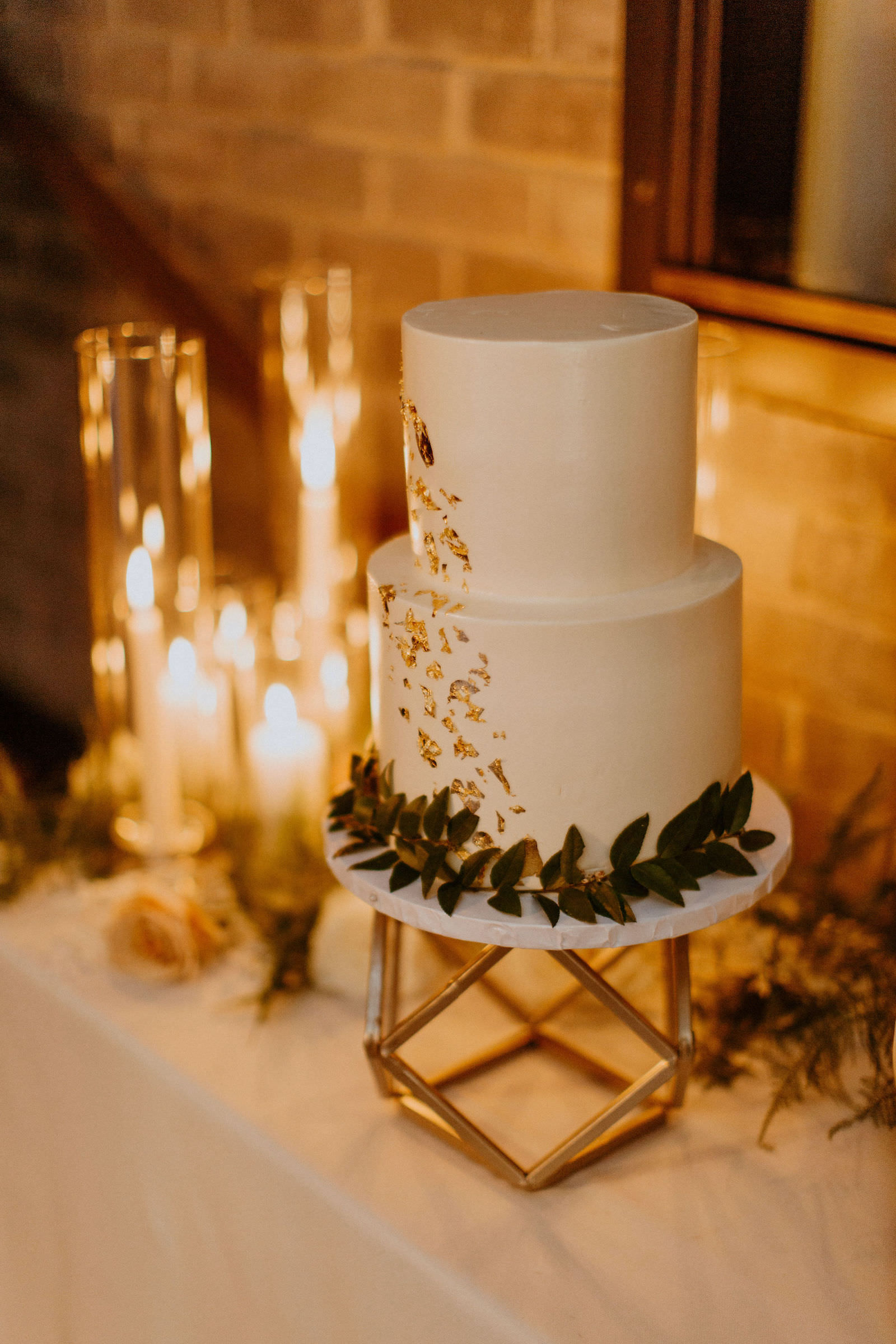 Two Tier Wedding Cake Cream with Gold Detail and Greenery Detail | Florida Bakery The Artistic Whisk