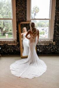 Modern and Classic Bride Getting Wedding Ready Wearing Fitted Sequin Open Back Wedding Dress | Tampa Bay Wedding Photographer Lifelong Photography Studio | Wedding Venue The Oxford Exchange