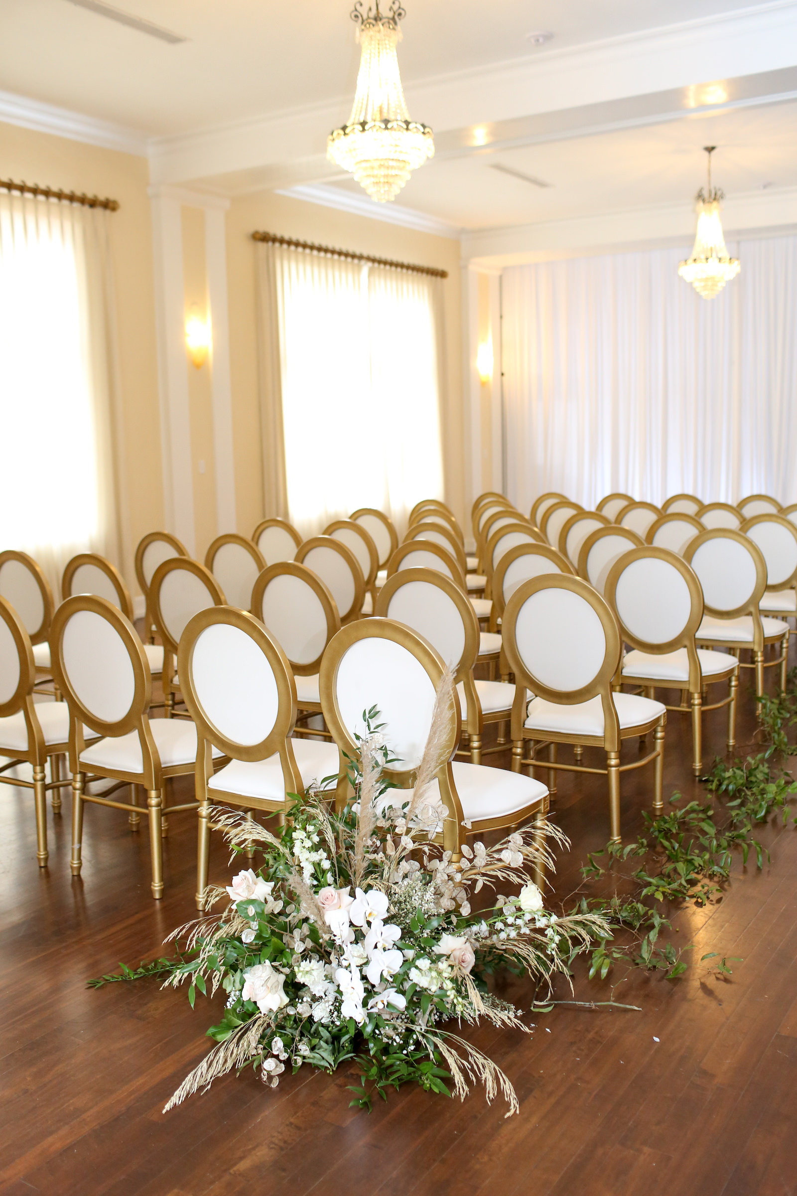 Romantic Indoor Garden Ceremony with King Louis Chairs and White and Greenery Florals | Kate Ryan Event Rentals | Photographer Lifelong Photography Studio