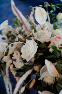 Romantic Blue Wedding Reception Decor, White Roses, White Anthurium, Pampas Grass, Greenery Floral Bouquet | Tampa Bay Wedding Photogapher Lifelong Photography Studio