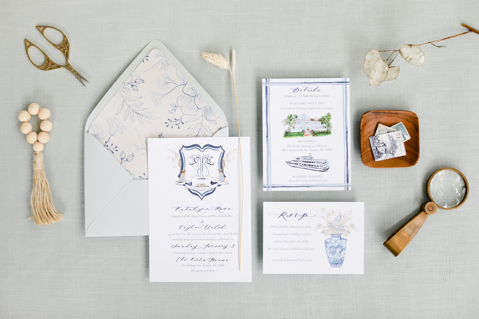 Romantic Blue Coastal Chic Wedding Invitation Suite with Watercolor Images | Tampa Bay Wedding Photographer Lifelong Photography Studio