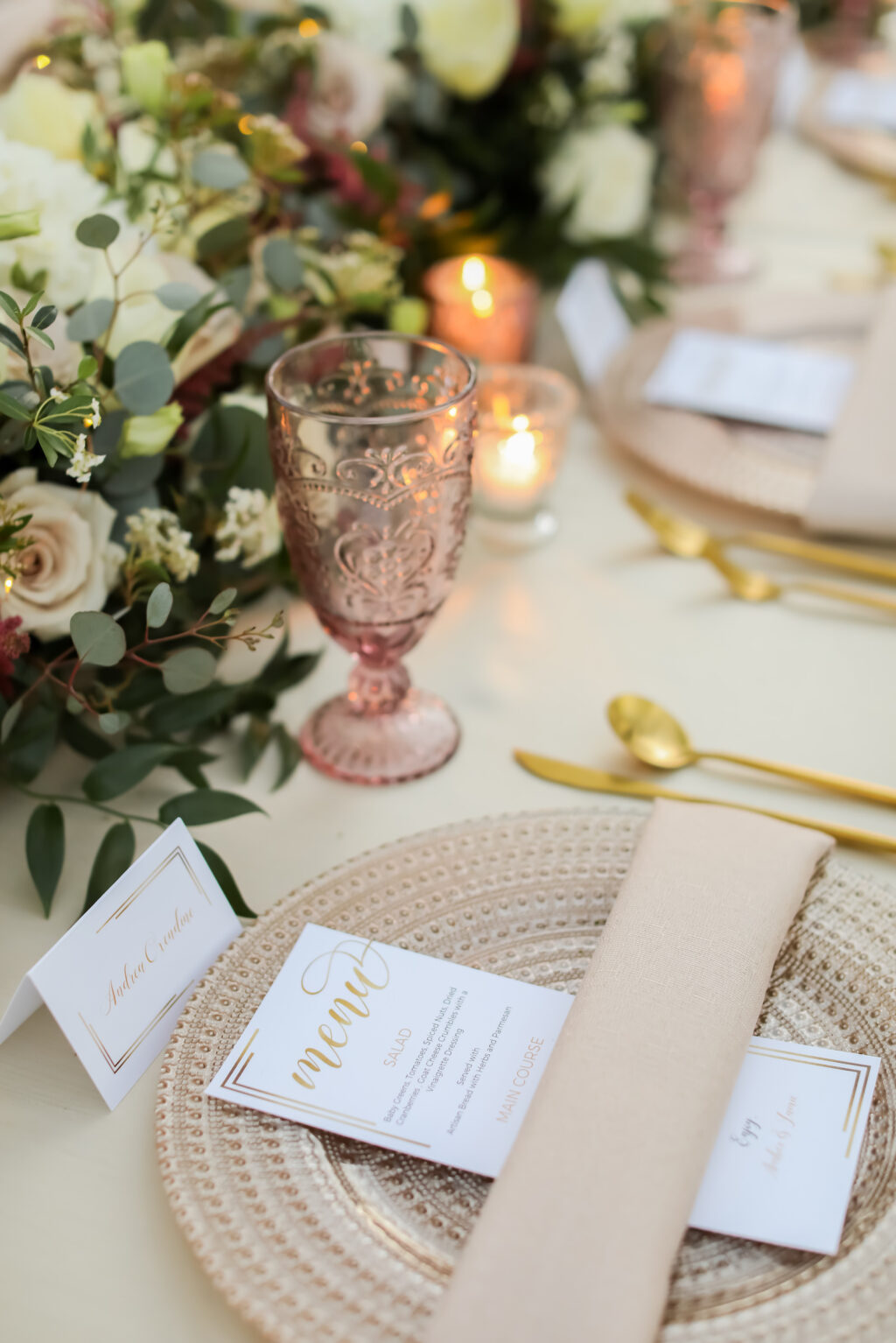 Romantic Pink and White Wedding Reception Decor, Gold Beaded Charger, Taupe Linen Napkin, Gold Flatware, Pink Vintage Glassware | Tampa Bay Wedding Photographer Lifelong Photography Studio | Wedding Planner Special Moments Event Planning | Wedding Rentals Kate Ryan Event Rentals