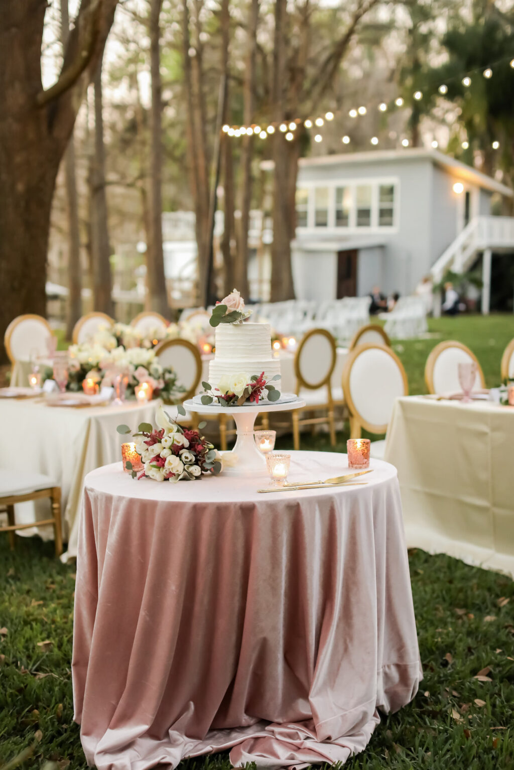 Romantic Outdoor Wedding Reception Decor, Dessert Table with Blush Pink Table Linen, Two Tier White Wedding Cake with Flowers | Tampa Bay Wedding Photographer Lifelong Photography Studio | Wedding Planner Special Moments Event Planning | Wedding Rentals Kate Ryan Event Rentals