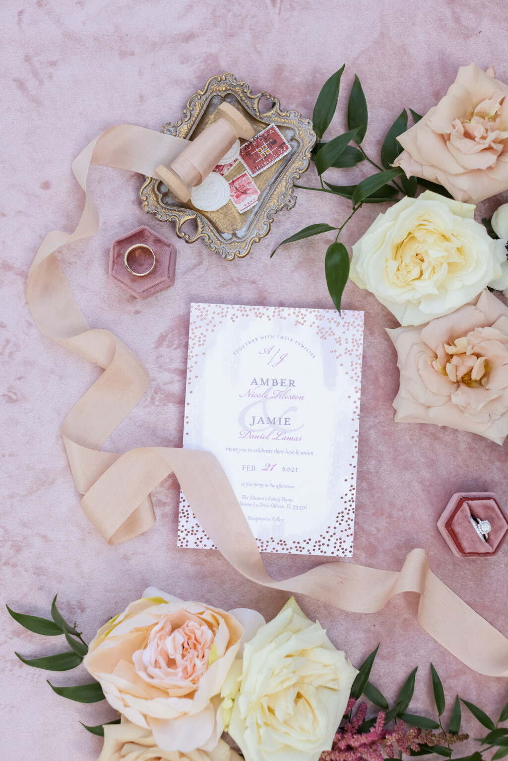 Elegant Romantic Pink and White Wedding Invitation, Pink Hexagonal Velvet Ring Box | Tampa Bay Wedding Photographer Lifelong Photography Studio