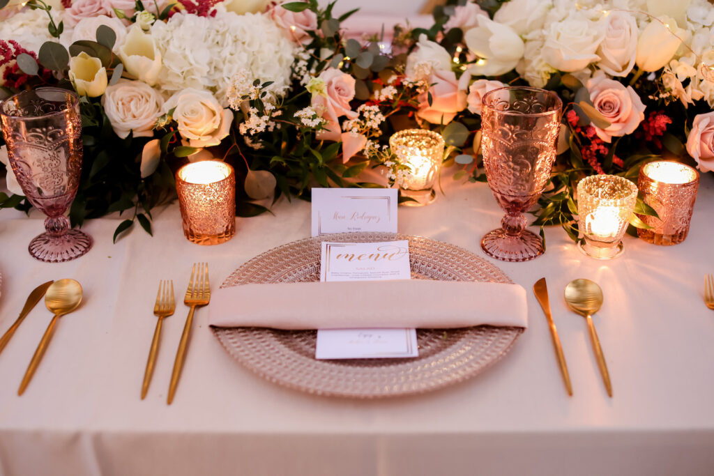 Romantic Pink and White Wedding Reception Decor, Gold Beaded Charger, Taupe Linen Napkin, Gold Flatware, Pink Vintage Glassware | Tampa Bay Wedding Photographer Lifelong Photography Studio | Wedding Planner Special Moments Event Planning | Wedding Rentals Kate Ryan Event Rentals