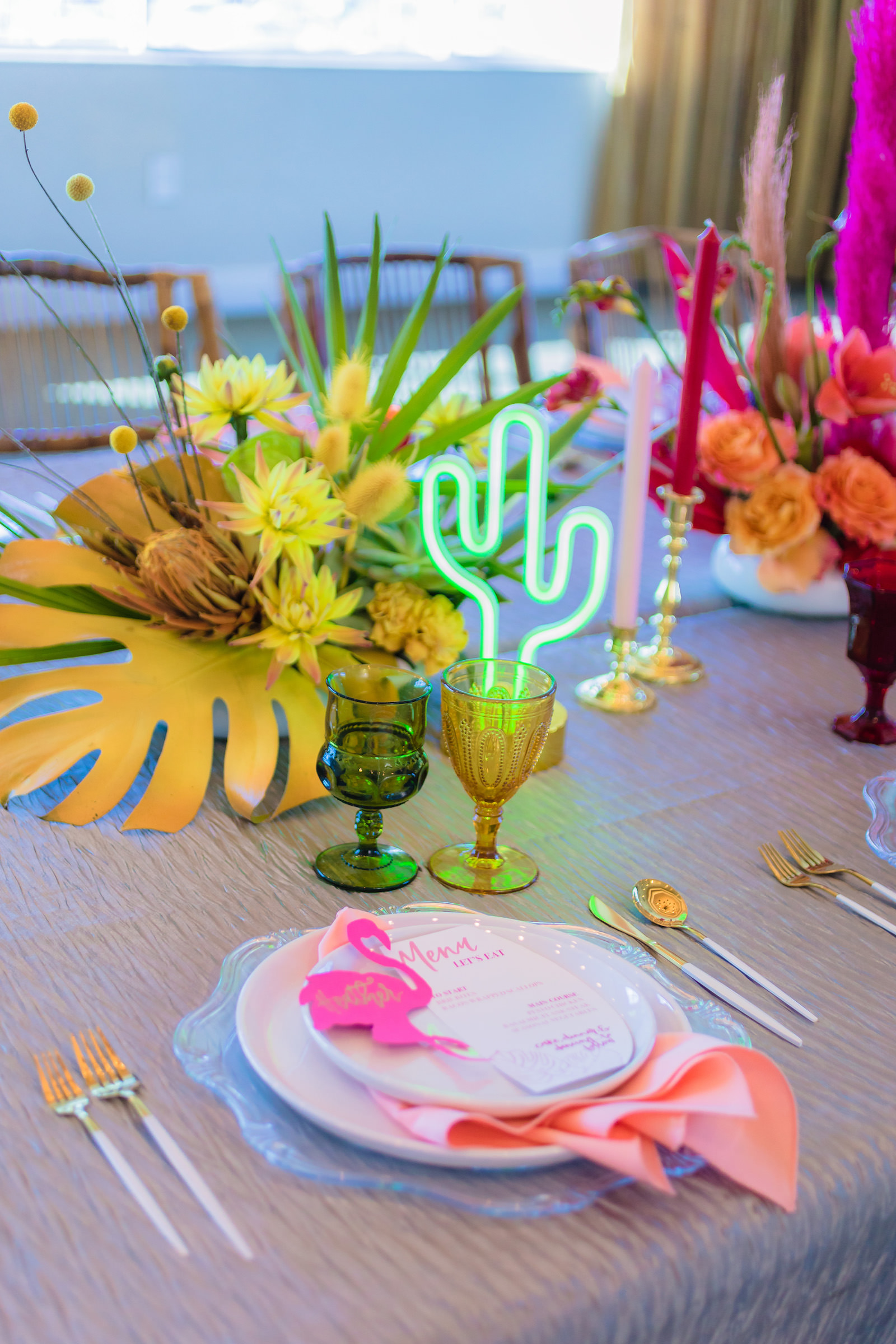 Flamingo and Tropical Inspired Funk Wedding Tablescape | Wilder Mind Events