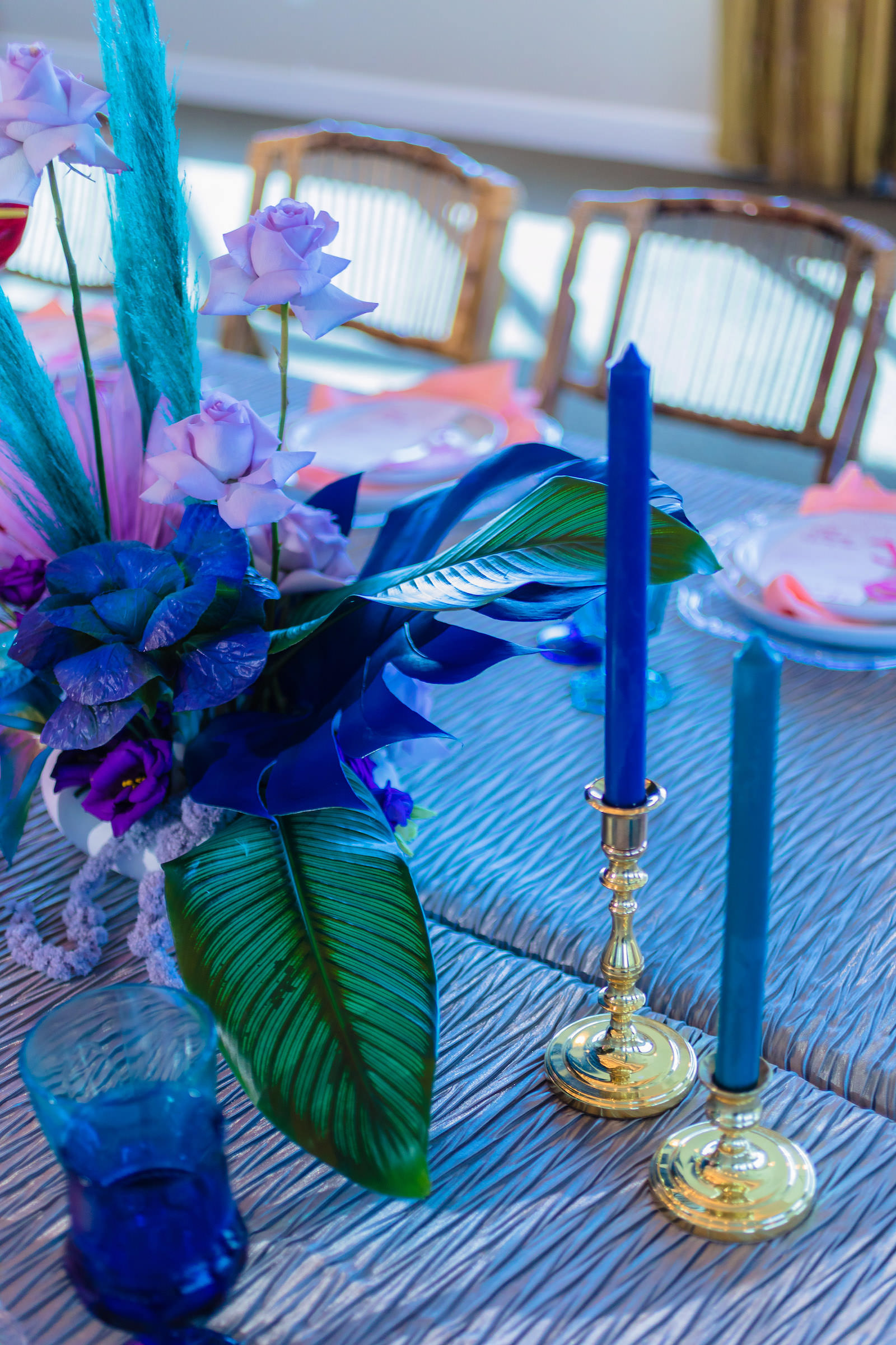 Blue Long Candle Sticks in Gold Candle Holders for Wedding Tablescape | Wilder Mind Events