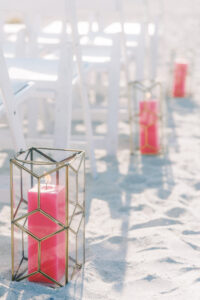 Pink Candles in Gold Holder Wedding Aisle Décor | Beachfront Florida Wedding Ceremony Postcard Inn On the Beach