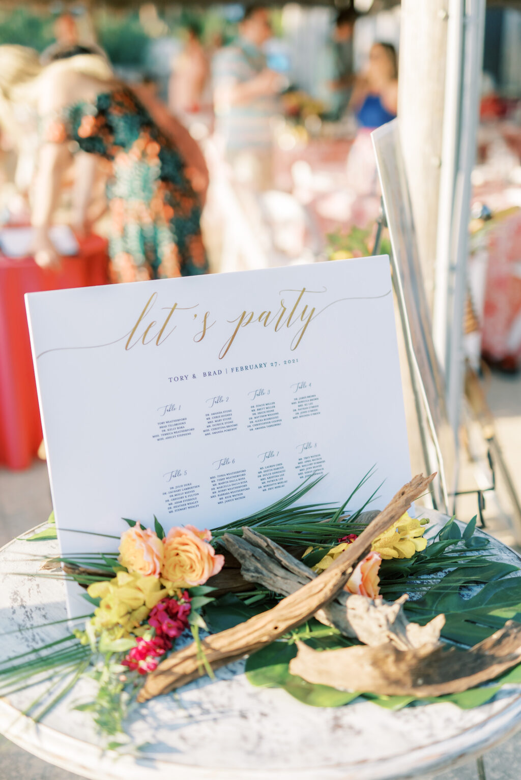 Tropical Wedding Seating Chart with Gold Lettering | Tropical Wedding Décor at Florida Venue Postcard Inn On the Beach