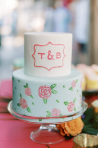 Two Tier Wedding Cake With Pink Floral Detailing and Blue Frosting | Lilly Pulitzer Inspired Wedding Cake with Monogram