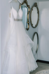 Deep V Neck Spaghetti Strap Tulle Ballgown with Beaded Silver Belt Wedding Dress | Stella York Dress