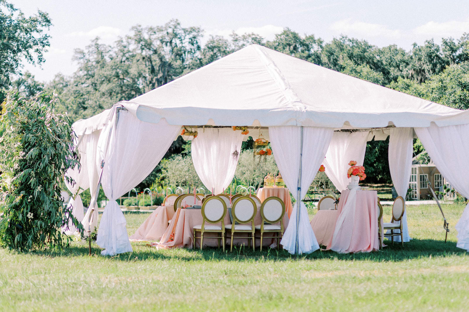 Garden Whimsical Wedding Decor, White Linen Tent, Tables with Pink Linens, White and Gold Louis Chairs | Tampa Bay Wedding Venue Millpond Estate | Wedding Chair Rental Kate Ryan Event Rental