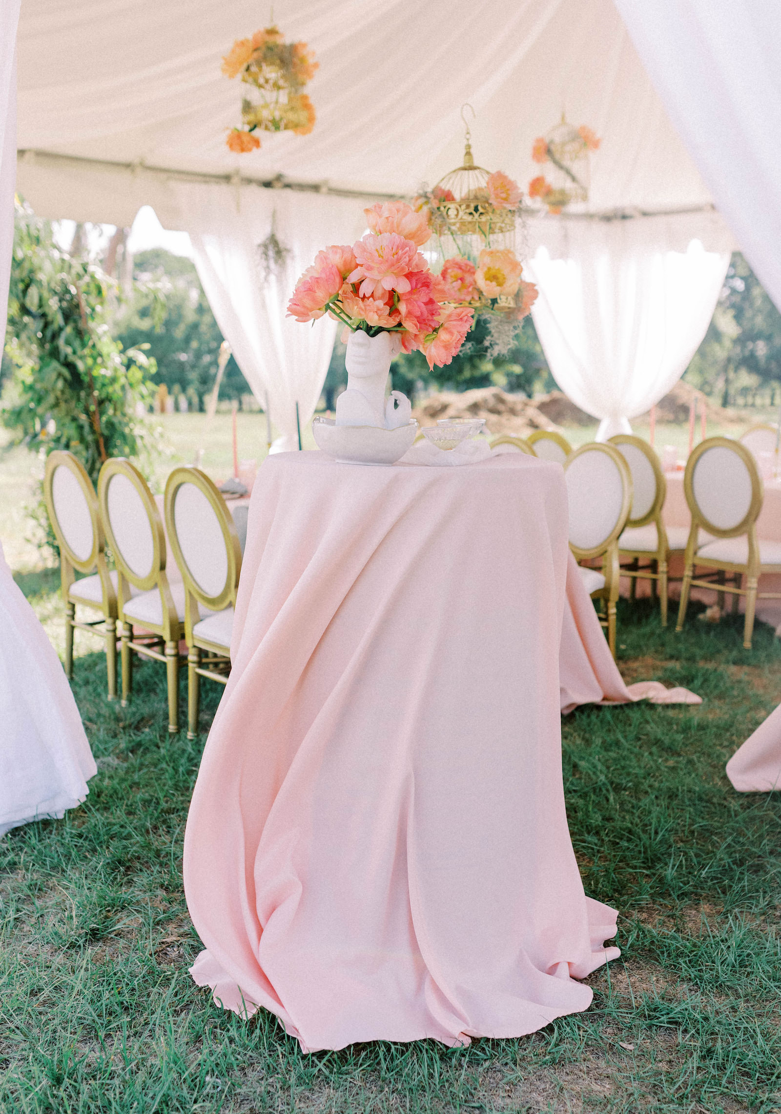 Garden Whimsical Wedding Decor, Tent with White Linen Draping, Tall Table with Blush Pink Linen, Pink, Yellow Peony Flowers in Face Vase | Tampa Wedding Venue Mill Pond Estate