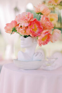 Garden Whimsical Wedding Decor, Pink Peonies in Unique Face Vase | Tampa Bay Wedding Venue Mill Pond Estate