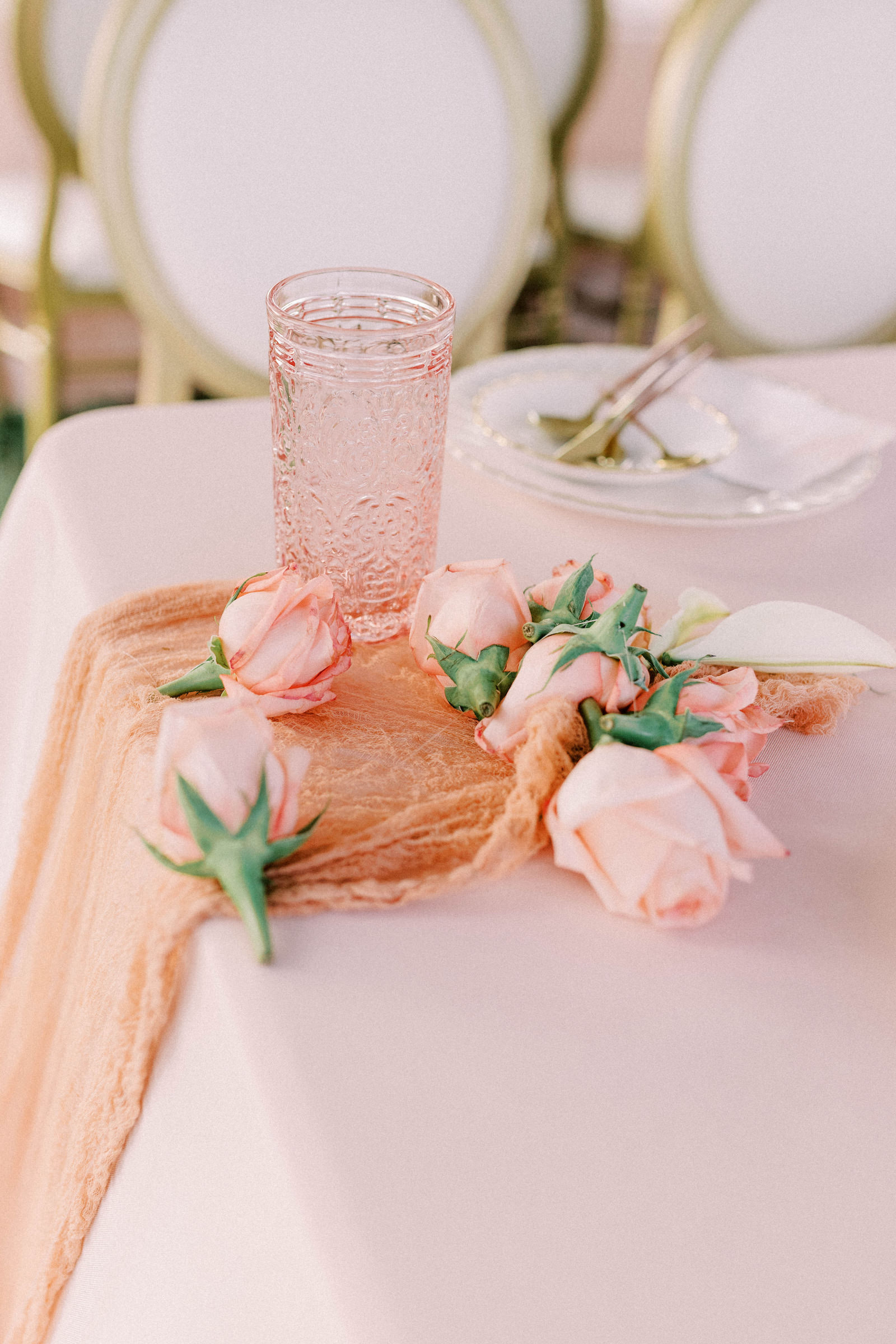 Garden Whimsical Wedding Reception Decor, Blush Pink Table Linen, Coral Orange Cheese Cloth Table Runner, Pink Roses, Pink Vintage Glassware | Kate Ryan Event Rentals