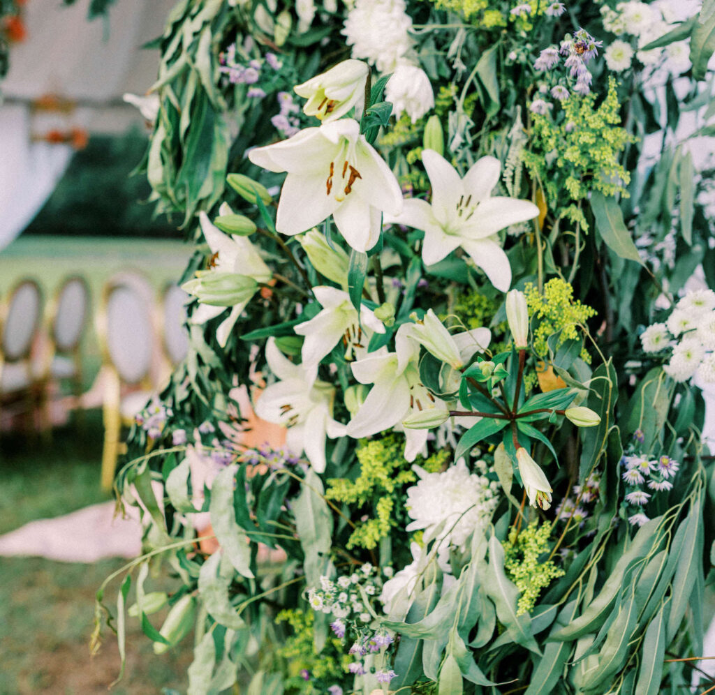Garden Whimsical Wedding Decor, Hanging Greenery and White Tulips Florals