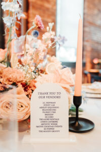 Table Number Shape Ideas with Tall Peach Pastel Taper Candles in Black Candle Holders on Wedding Reception Tablescape