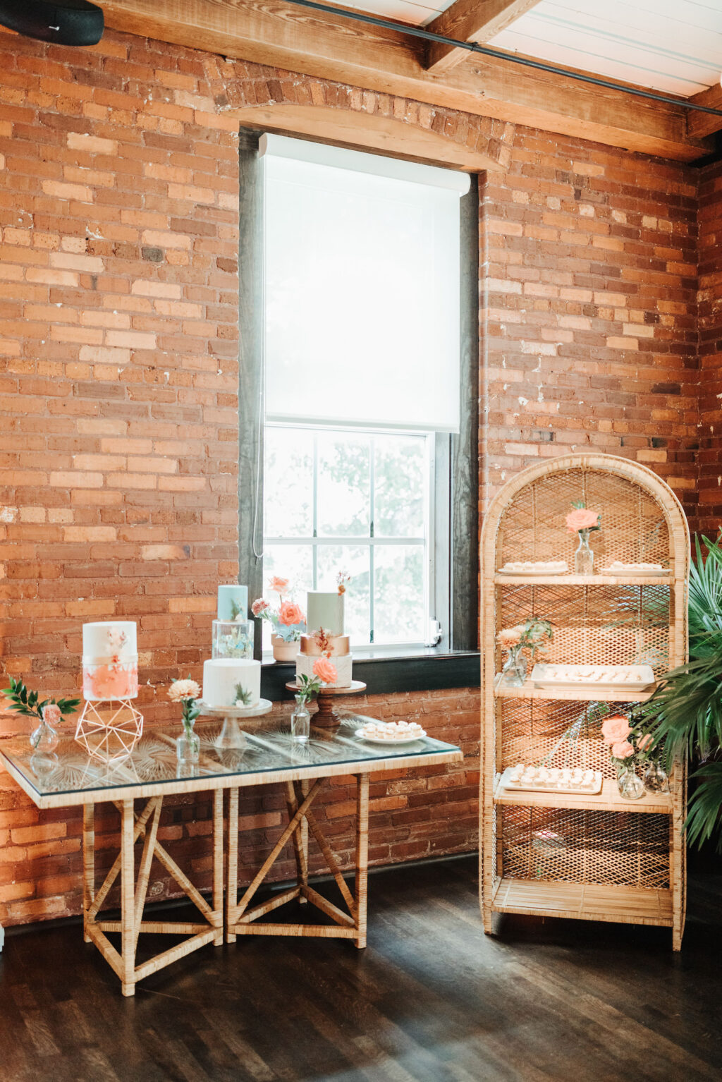 Boho Industrial Wedding Cake Table with Three Tier Cake in White and Blue | Tampa Wedding Cake Baker The Artistic Whisk