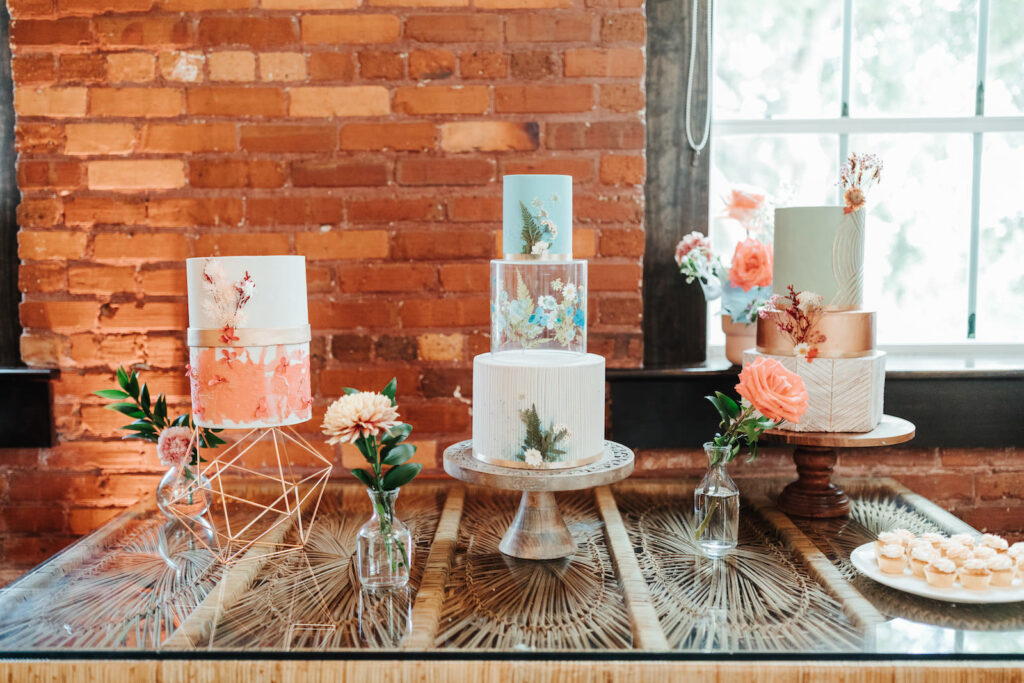 Boho Industrial Wedding Cake and Dessert Table with Three Tier Cake in White, Blue and Orange | Tampa Wedding Baker The Artistic Whisk