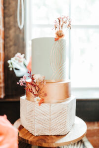 Mid-Century Modern Three Tier Wedding Cake with Geometric Shapes and Rose Gold Detail in White and Light Blue | Tampa Bay Baker The Artistic Whisk