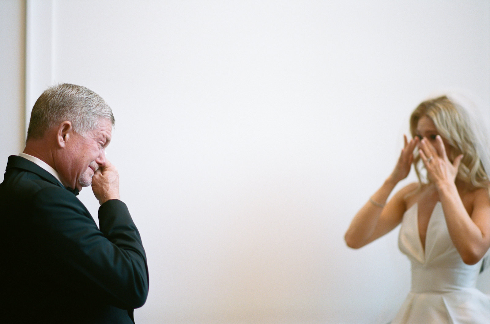Luxurious Black and White Formal Wedding, Bride and Father Emotional First Look Portrait