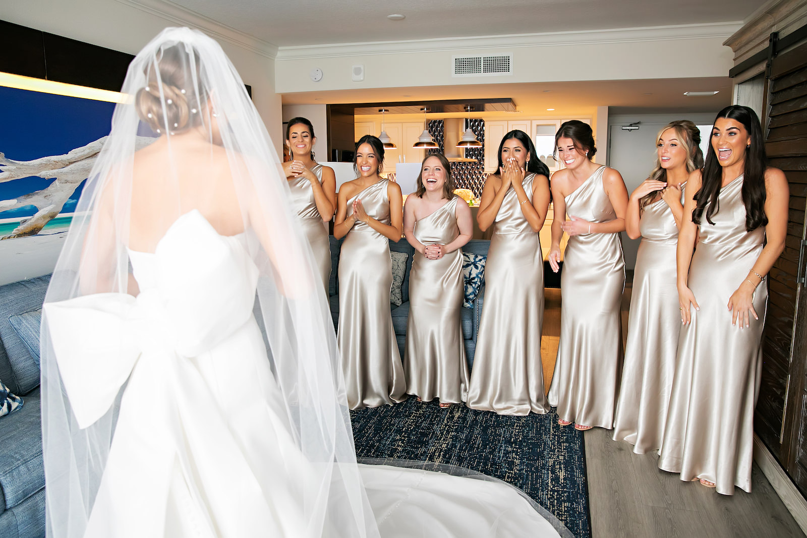Luxurious Modern Bride and Bridesmaids in Matching Champagne Dresses First Look Wedding Portrait | Tampa Bay Wedding Photographer Limelight Photography