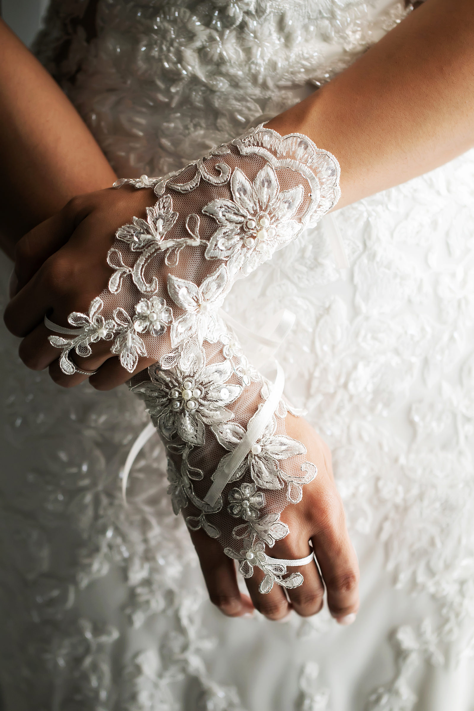 Elegant Bridal Details, Bride Wearing Lace and Illusion Gloves | Tampa Bay Wedding Photographer Limelight Photography