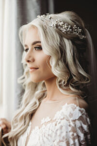 Bride with Smokey Eye and Soft Curls with Beaded Head Piece | Tampa Bay Adore Bridal Hair and Makeup