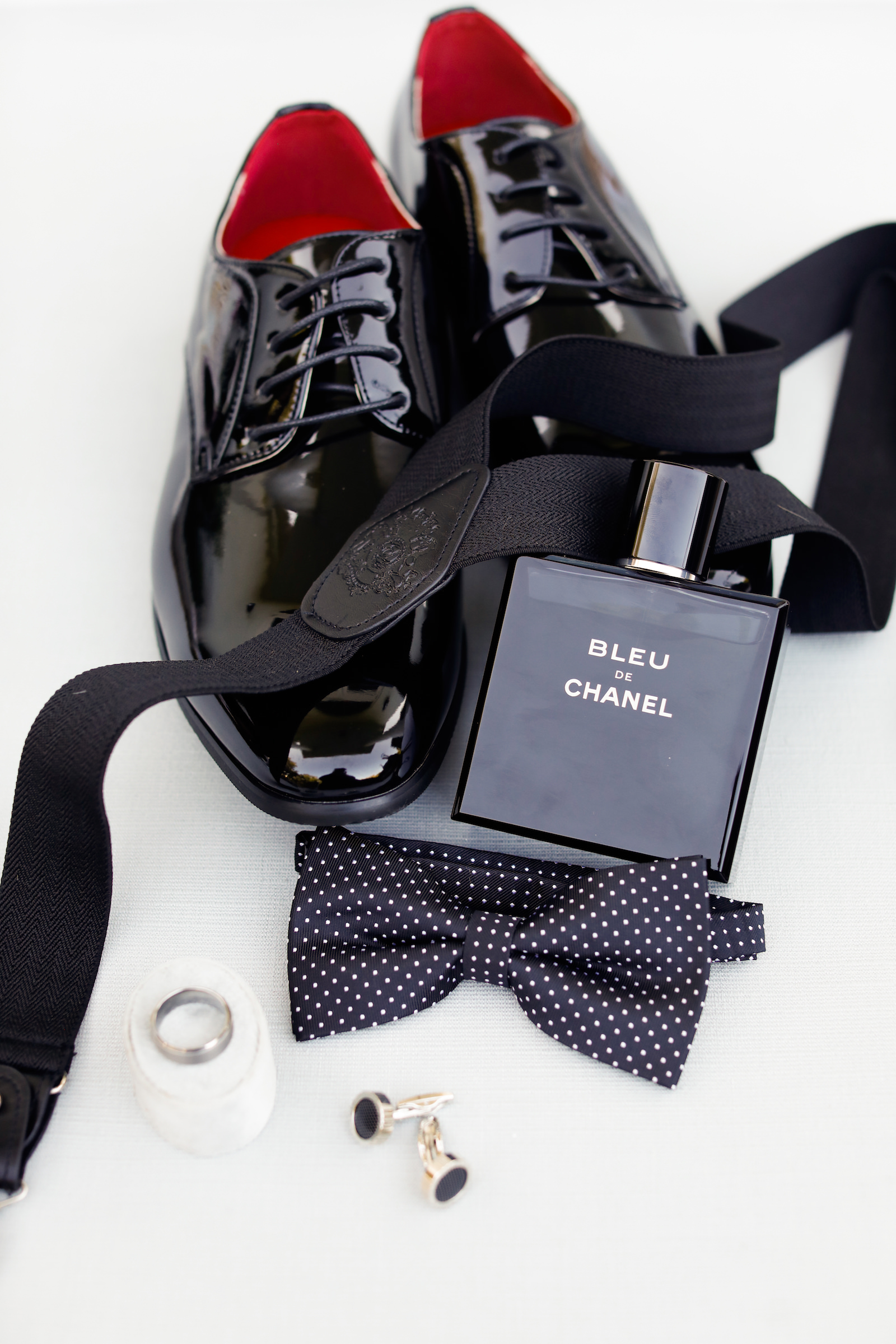 Groom Black Shoes and Bow Tie with Chanel Cologne