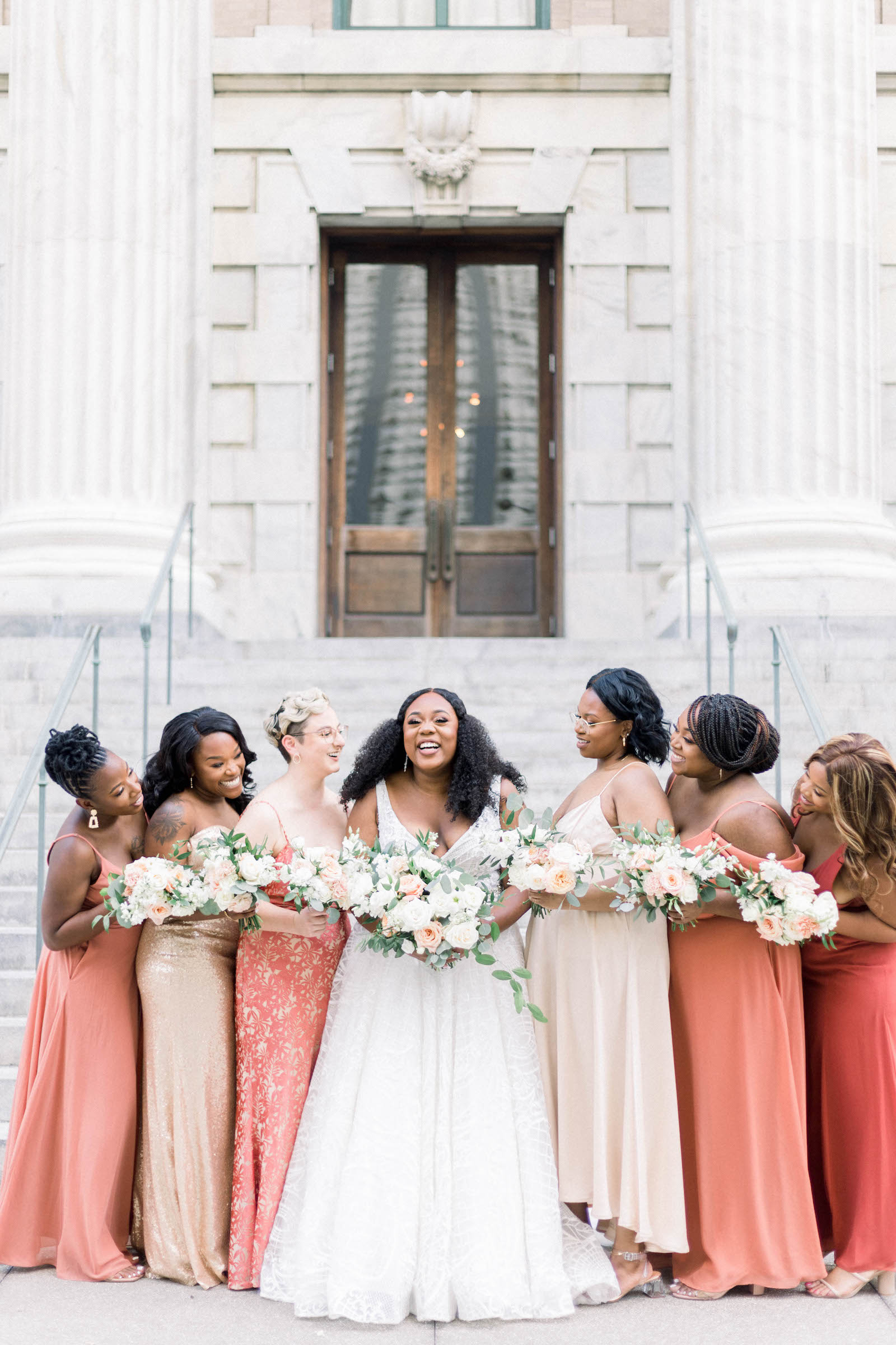Bride with Bridesmaids in Mix and Match Jenny Yoo Bridesmaids Dresses in Burnt Orange and Champagne Wedding Portrait