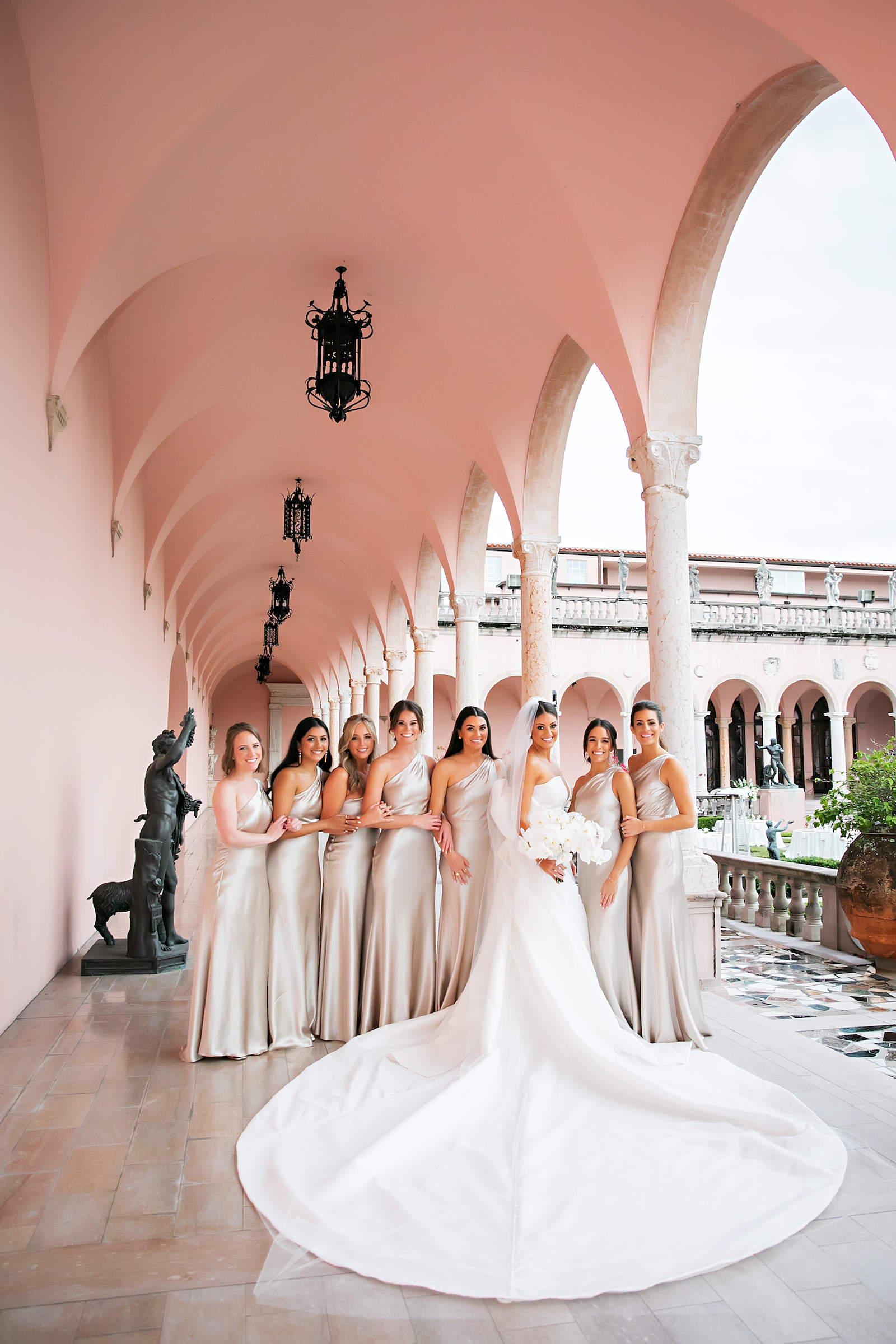 Luxurious Modern Chic Bride and Bridesmaids in Matching Champagne Dresses | Tampa Bay Wedding Photographer Limelight Photography | Sarasota Wedding Venue Ringling Museum