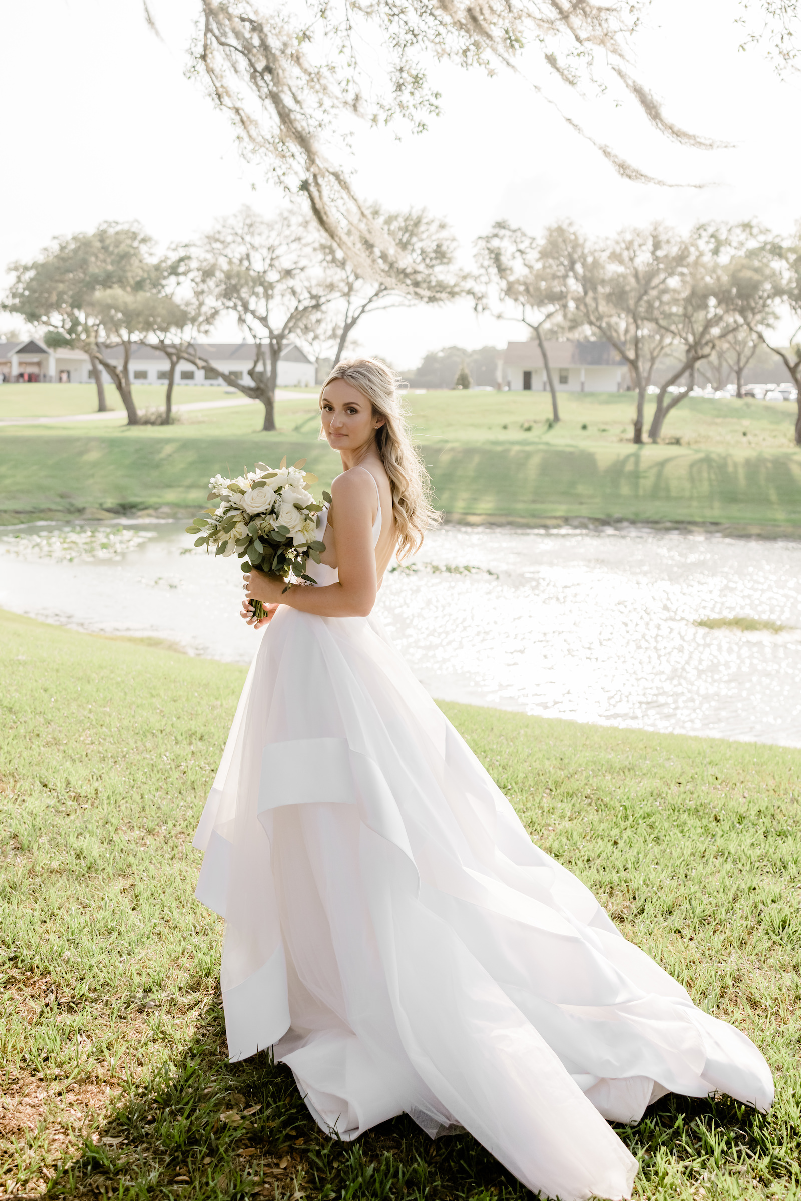 Tampa Bride Wearing Hayley Paige Ballgown Wedding Dress Holding Classic White Floral Bouquet, Beauty Wedding Portrait by Lake