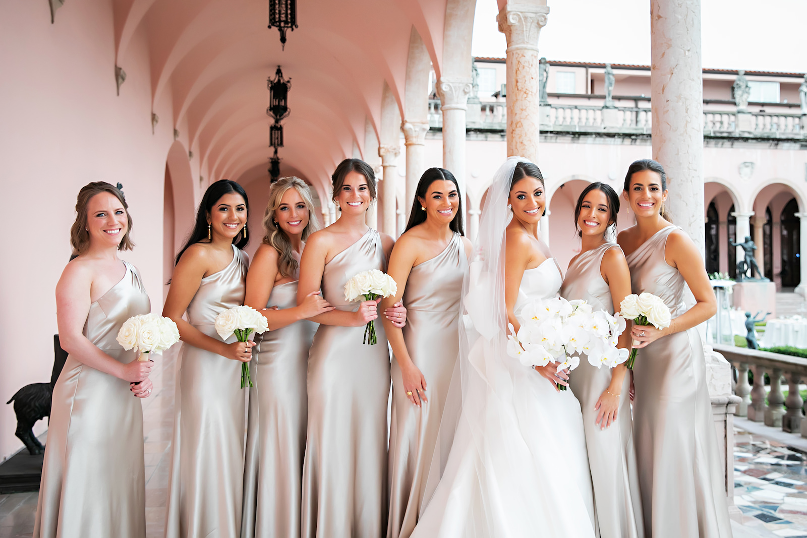 Luxurious Modern Chic Bride and Bridesmaids in Matching Champagne Dresses | Tampa Bay Wedding Photographer Limelight Photography | Sarasota Wedding Venue Ringling Museum
