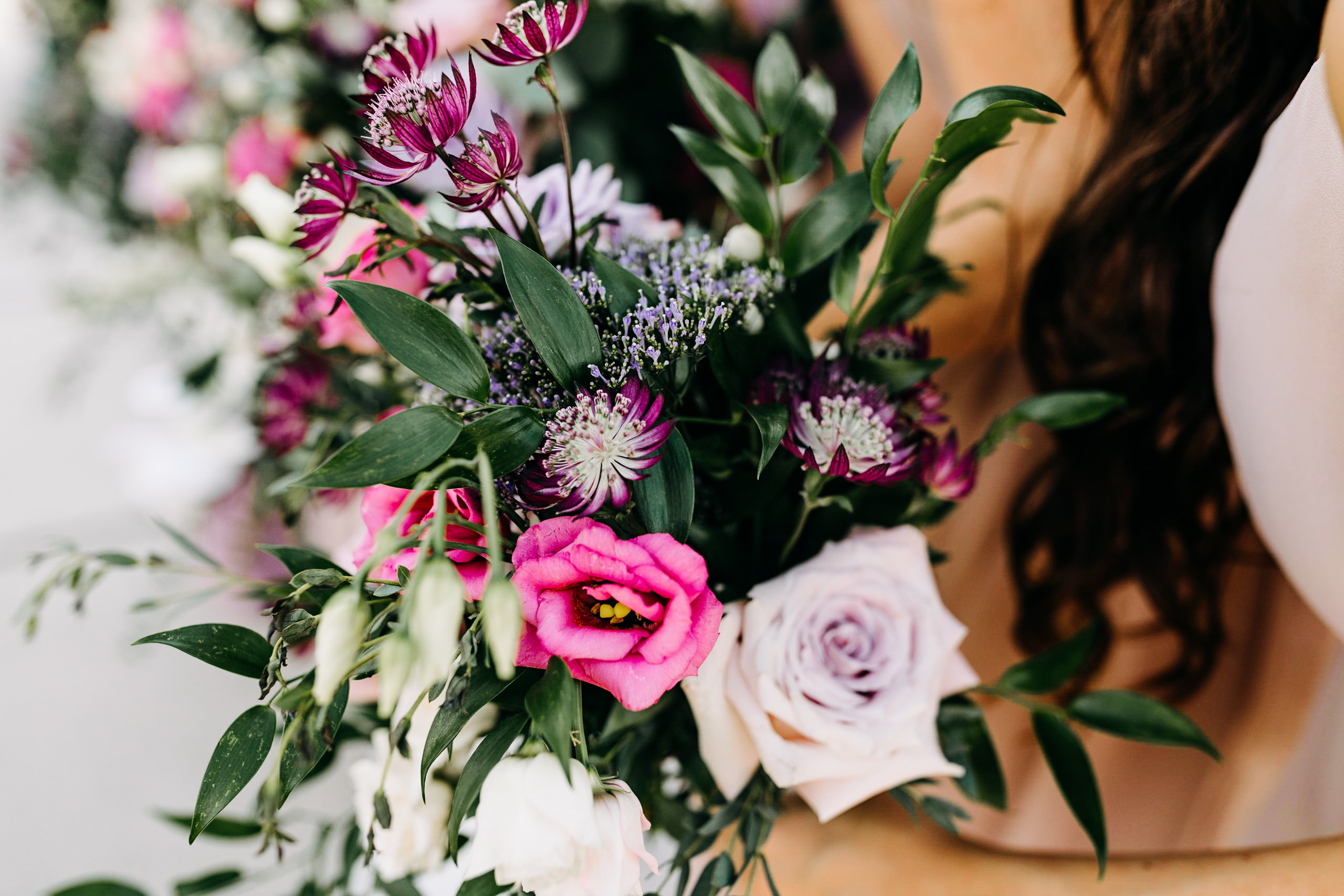 Lush Pink and Purple Flowers with Greenery Floral Bouquet | Tampa Bay Wedding Photographer Amber McWhorter Photography | Wedding Florist Leaf It To Us