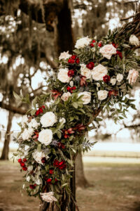 White Blush and Red Roses with Greenery Rustic Wedding Ceremony Arch