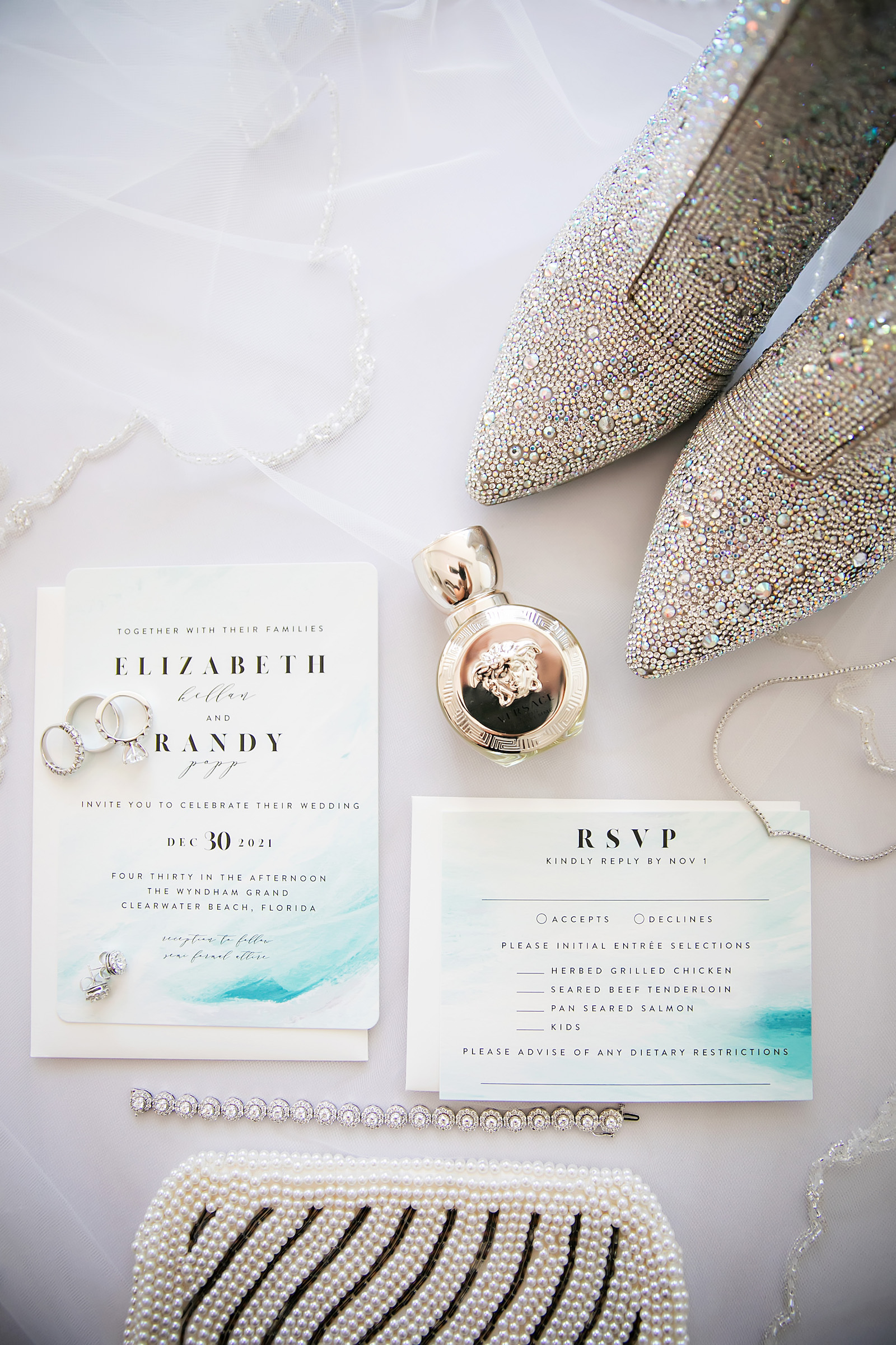 White and Turquoise Wedding Invitation | Rhinestone Betsy Johnson Wedding Booties | Florida Wedding Planner Elegant Affairs by Design