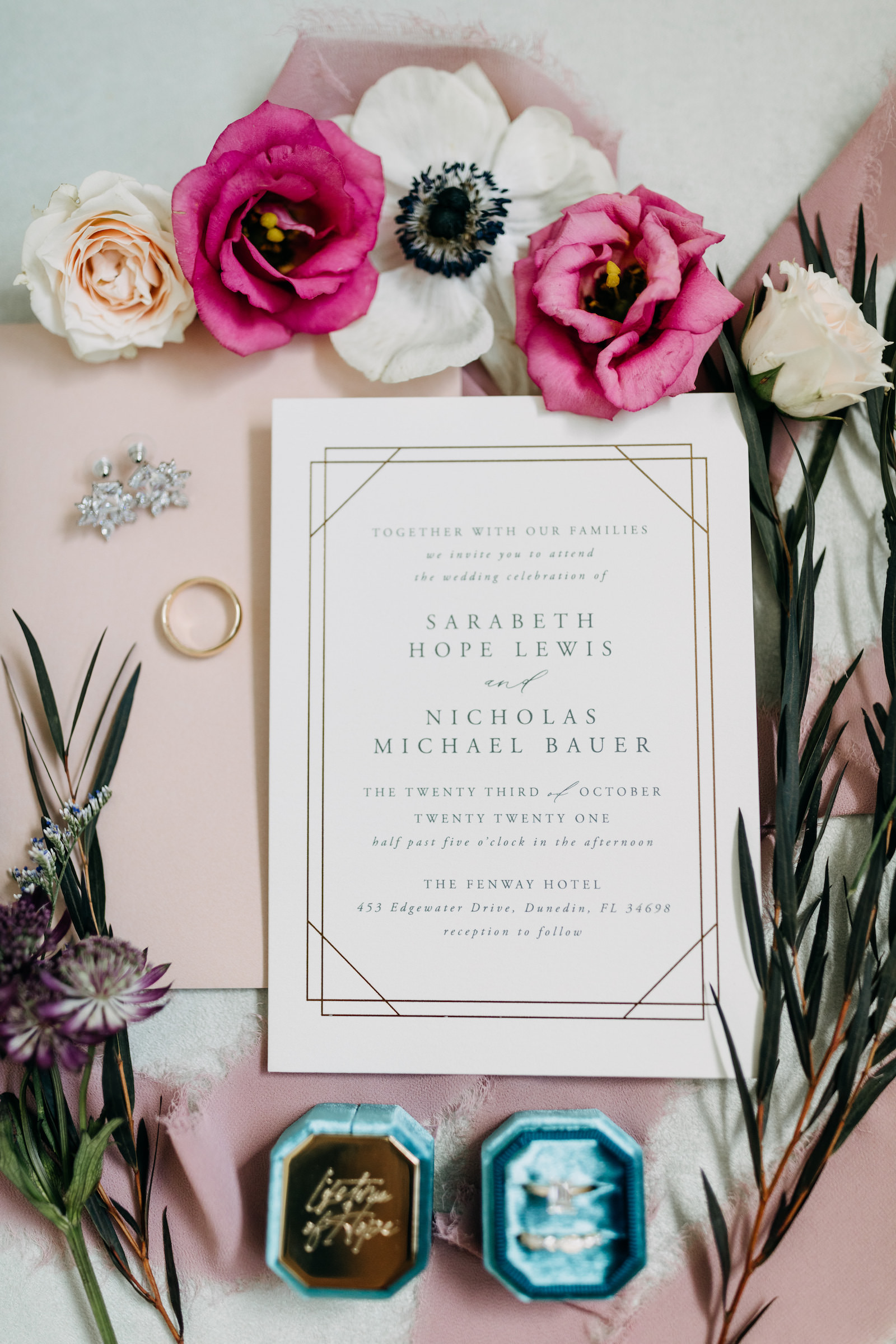Modern White and Gold Wedding Invitation, Icy Blue Geometric Velvet Ring Box | Tampa Bay Wedding Photographer Amber McWhorter Photography | Wedding Florist Leaf It To Us