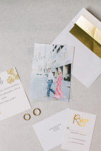 Vibrant Boho Wedding, Acrylic Wedding Invitation, Custom Photo Save the Date, White and Gold RSVP Stationery