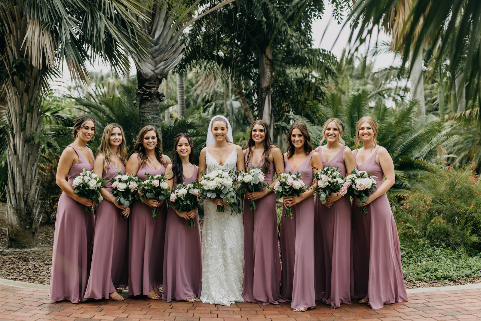 Bride and Bridesmaids in Purple Long Dresses Portrait | Florida Wedding Photographer Amber McWhorter Photography | Tampa Florida Hair and Makeup Artist Femme Aoki