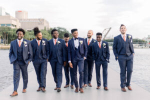 Groom with Groomsmen in Navy Suits Downtown Tampa Wedding Portrait
