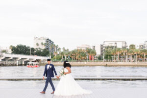 Bride and Groom Downtown Tampa Riverwalk Wedding Portrait