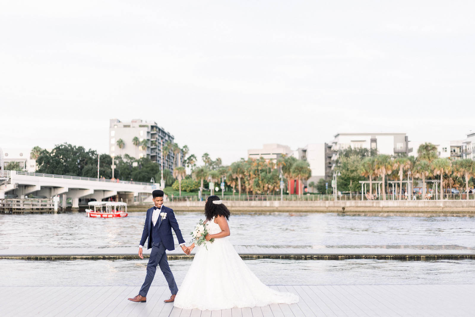 Bride and Groom Downtown Tampa Riverwalk Wedding Portrait