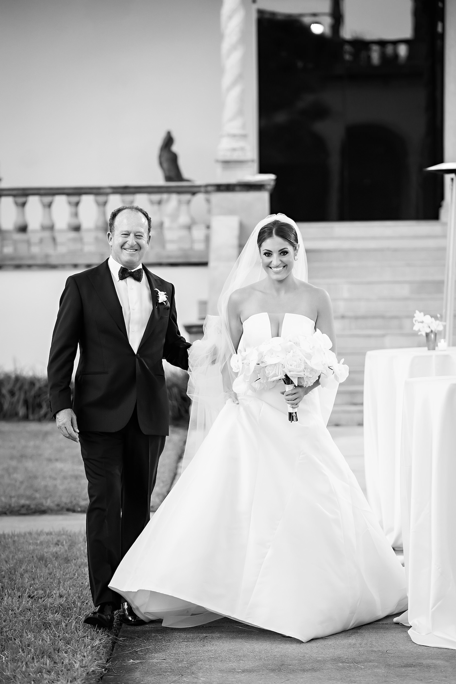 Luxurious Modern Chic Bride and Father Walking Down the Wedding Ceremony Aisle, Black and White Portrait | Tampa Bay Wedding Photographer Limelight Photography