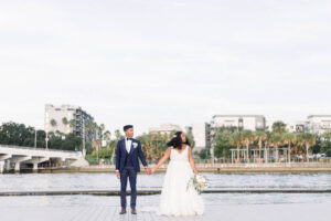 Bride and Groom Downtown Tampa Hillsborough River Wedding Portrait