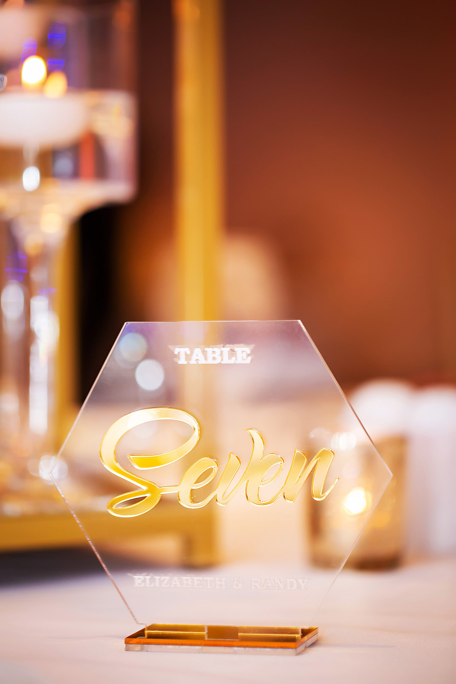 Glass Wedding Table Number with Gold Lettering