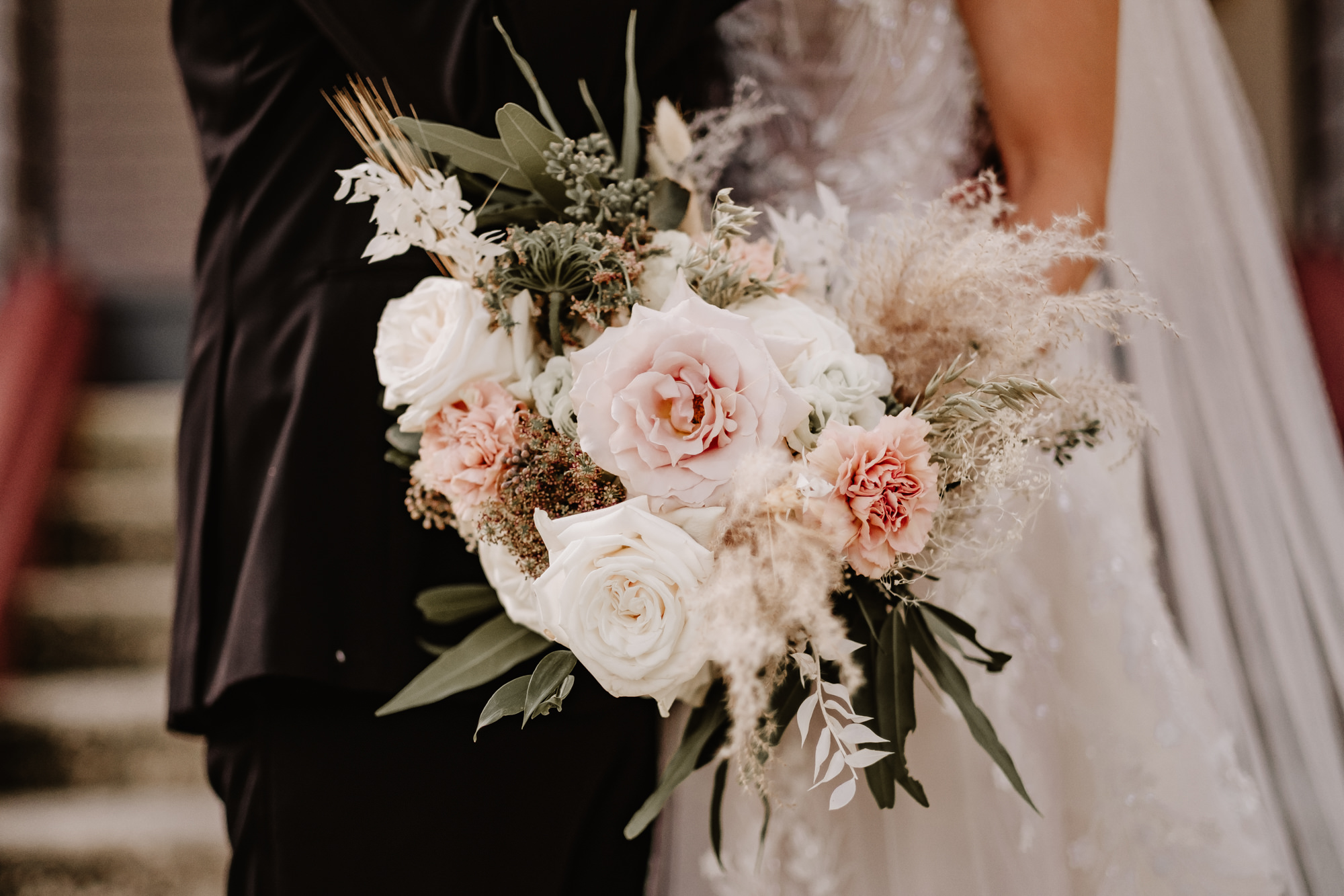 Neutral Boho Modern Floral Bouquet, White and Blush Pink Roses, Carnations, Pampas Grass, Greenery and Dried Leaves