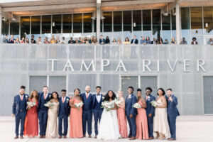 Bride and Groom with Bridal Party Downtown Tampa River Center Wedding Portrait