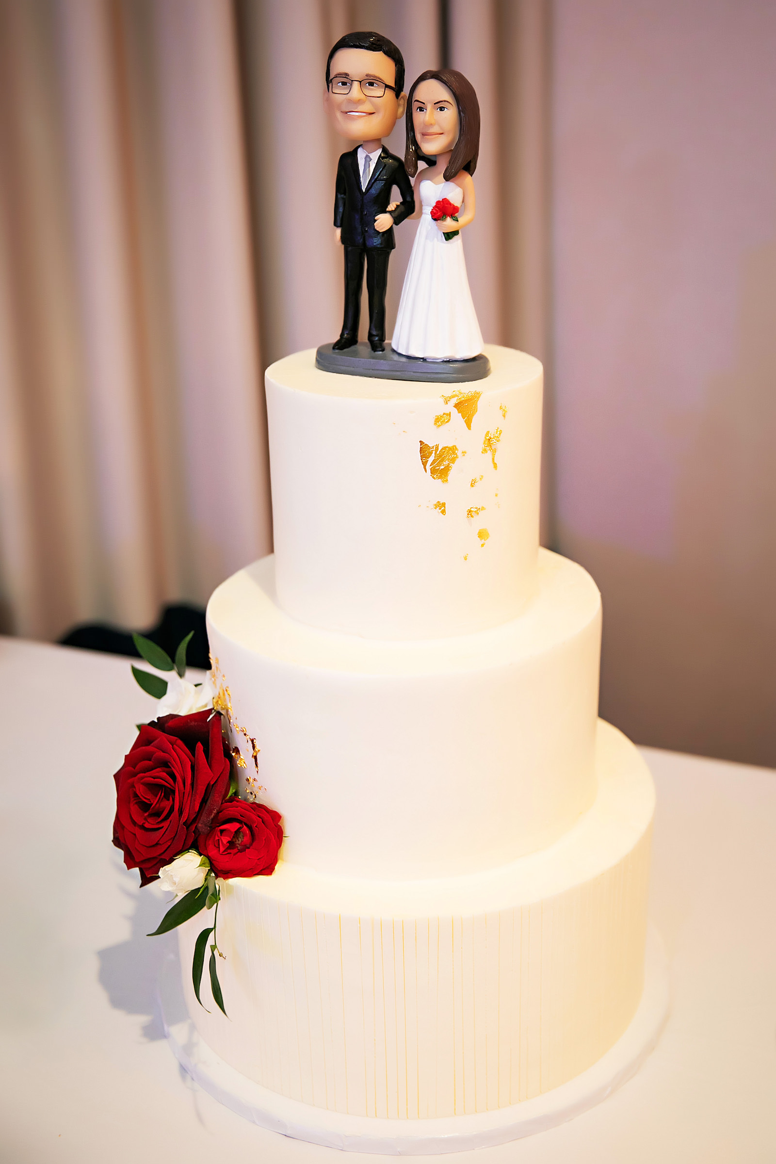 Three Tier White Wedding Cake with Rose Detail and Bobble Head Cake Toppers | Florida Wedding Baker The Artistic Whisk