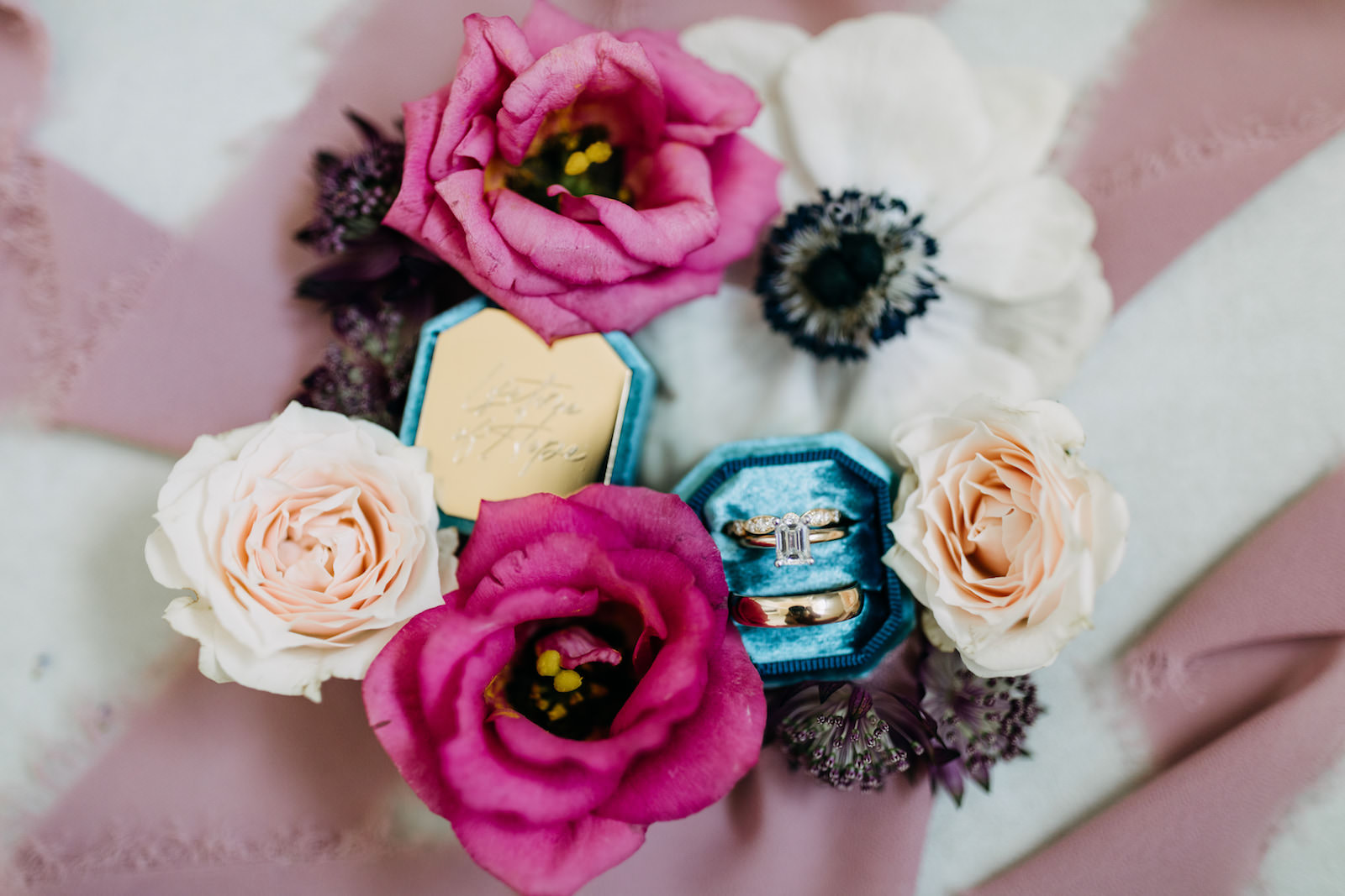 Jewel Toned Pink Wedding Flowers, Blue and Gold Velvet Ring Box with Bride and Groom Wedding Rings | Tampa Bay Wedding Photographer Amber McWhorter Photography | Wedding Florist Leaf It To Us