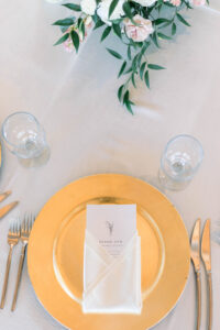 Gold Charger and Gold Flatware for Wedding Tablescape | Kate Ryan Event Rentals | | Caterer Elite Events Catering